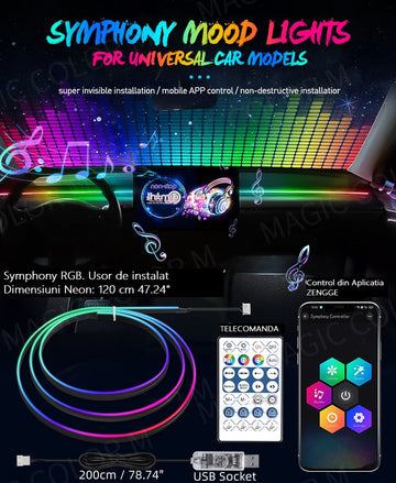 Banda fir neon RGB, Symphony, Soareonline@, lumina ambientala auto, control din aplicatie telefon sau telecomanda lungime 1.2m - SoareOnline