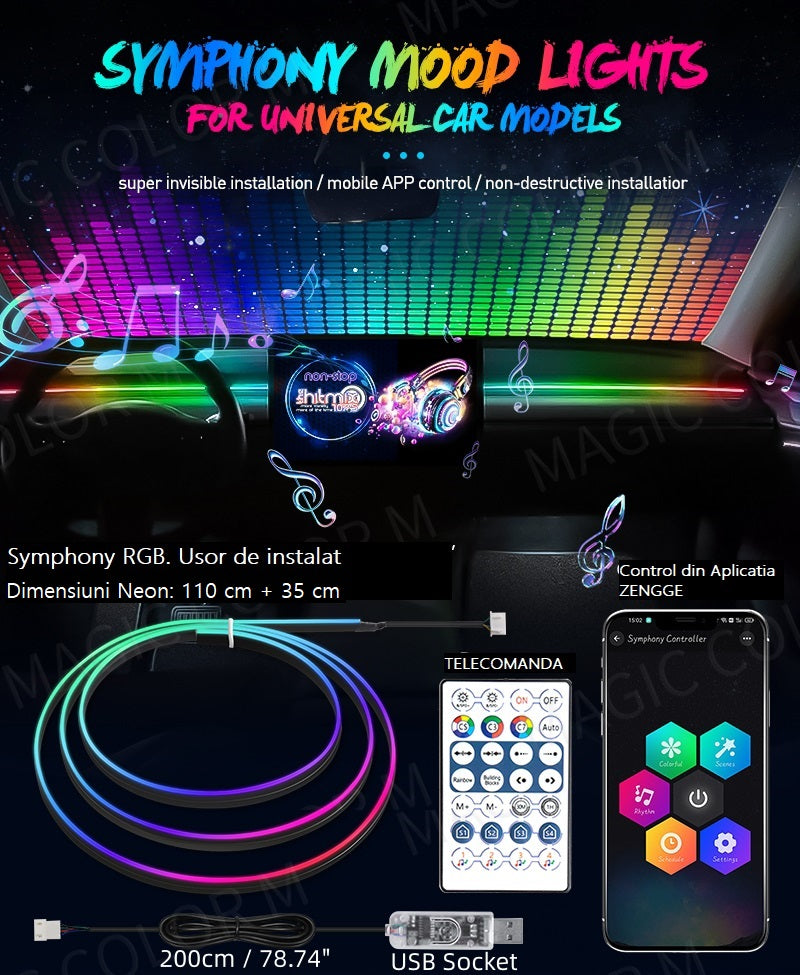 Banda fir neon RGB, Symphony, Soareonline@, lumina ambientala auto, control din aplicatie telefon sau telecomanda 110cm + 35cm - SoareOnline