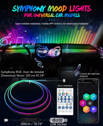 Banda fir neon RGB, Symphony, Soareonline@, lumina ambientala auto, control din aplicatie telefon sau telecomanda lungime 1.2m