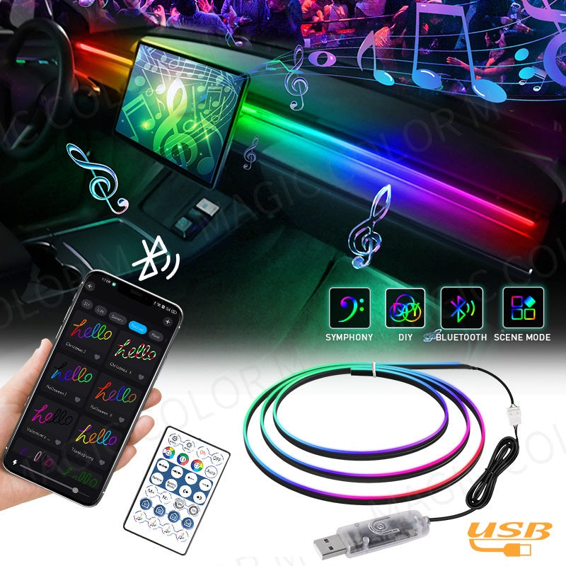 Banda fir neon RGB, Symphony, Soareonline@, lumina ambientala auto, control din aplicatie telefon sau telecomanda 110cm + 35cm - SoareOnline