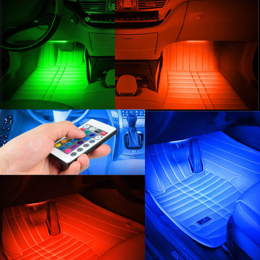 Kit iluminare ambientala auto banda LED RGB, interior masina, 4 benzi, 36 leduri, senzor muzica, multicolor, 12V, cu telecomanda