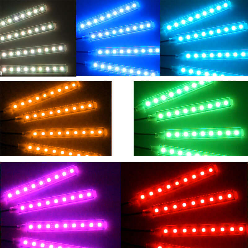 Kit iluminare ambientala auto banda LED RGB, interior masina, 4 benzi, 72 leduri, senzor muzica, multicolor, 12V, cu telecomanda