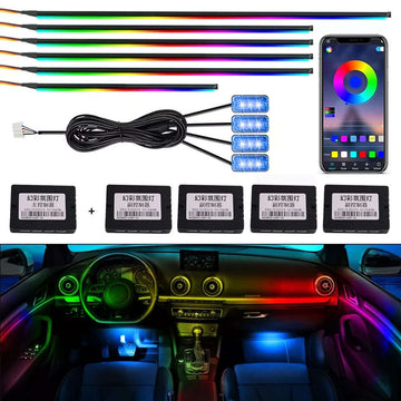 Lumini ambientale auto dinamice , 18 piese Premium Fete usi, Bord, Manere, Podea, Control din aplicatie Bluetooth, Banda neon tip El Wire